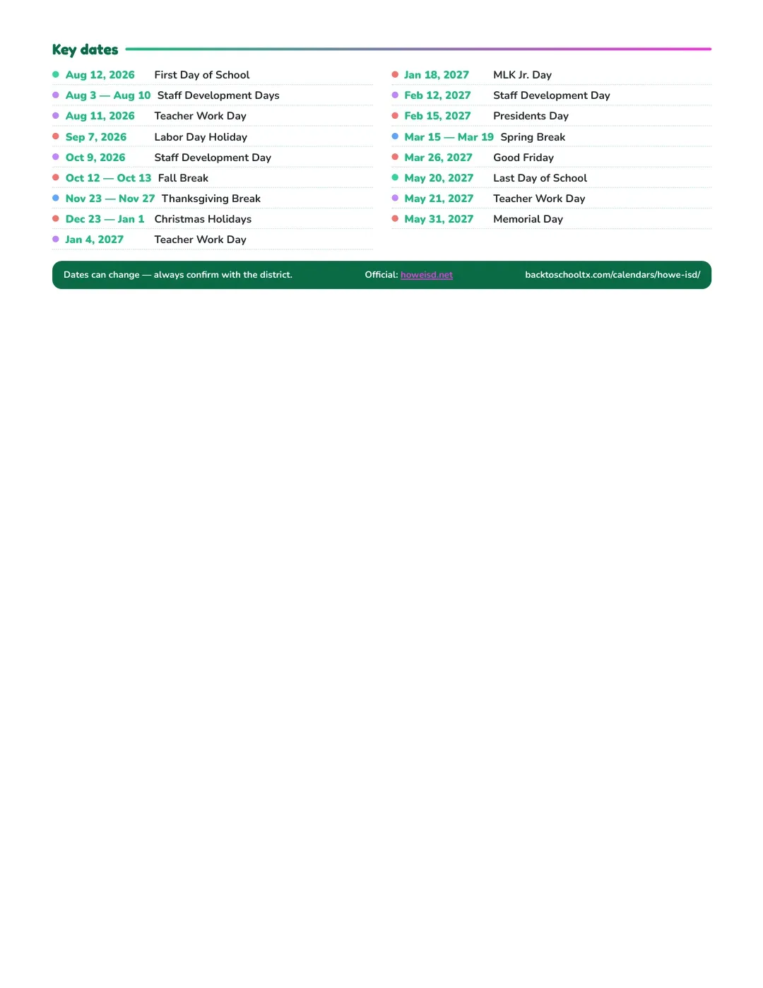 Howe ISD Calendar for the Year 26-27 — key dates