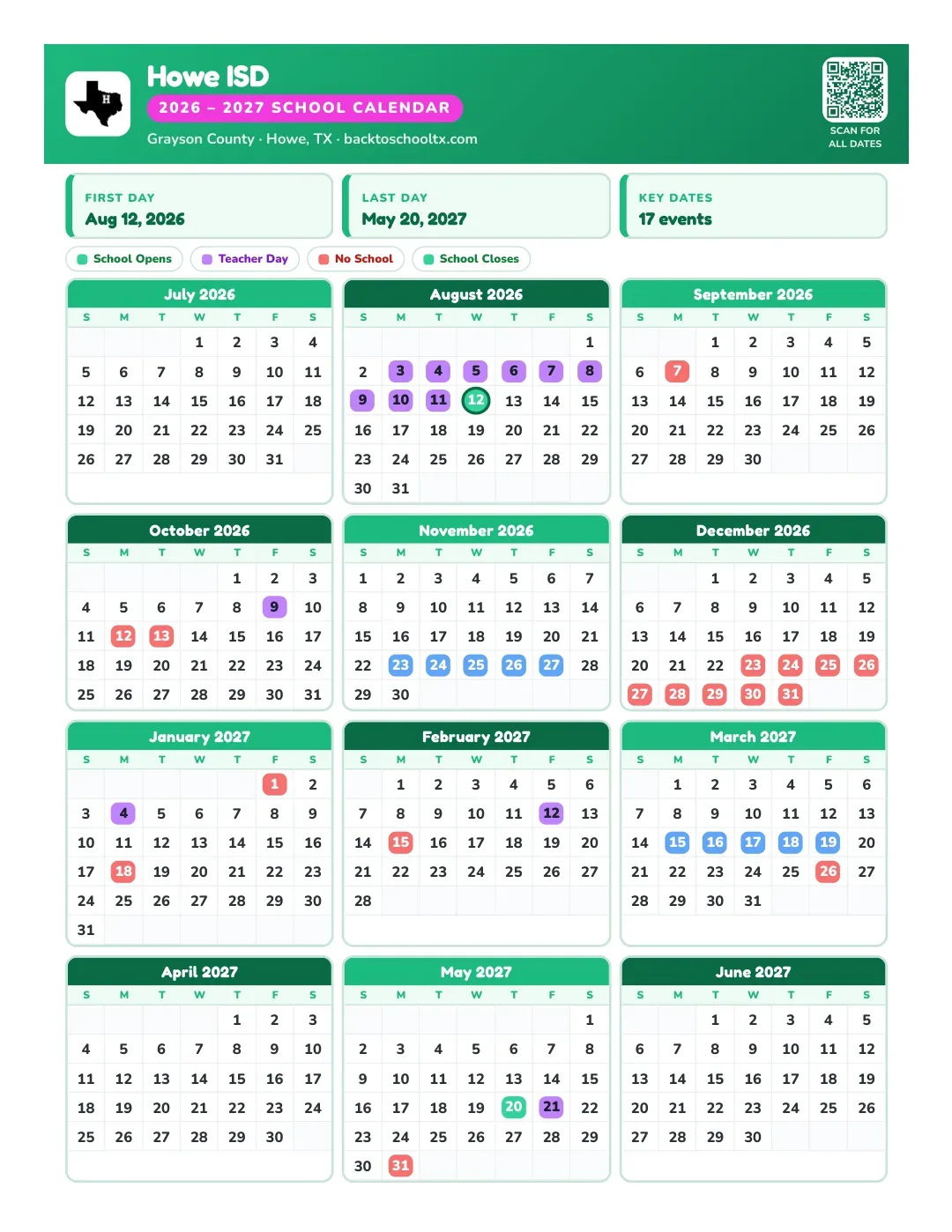Howe ISD Calendar for the Year 26-27