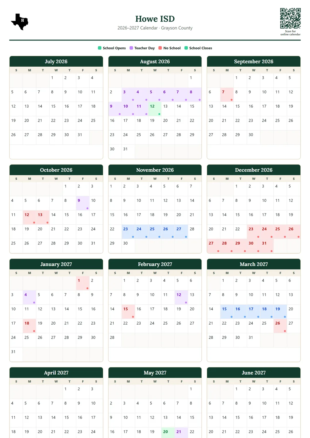 Howe ISD printable 2026–2027 calendar