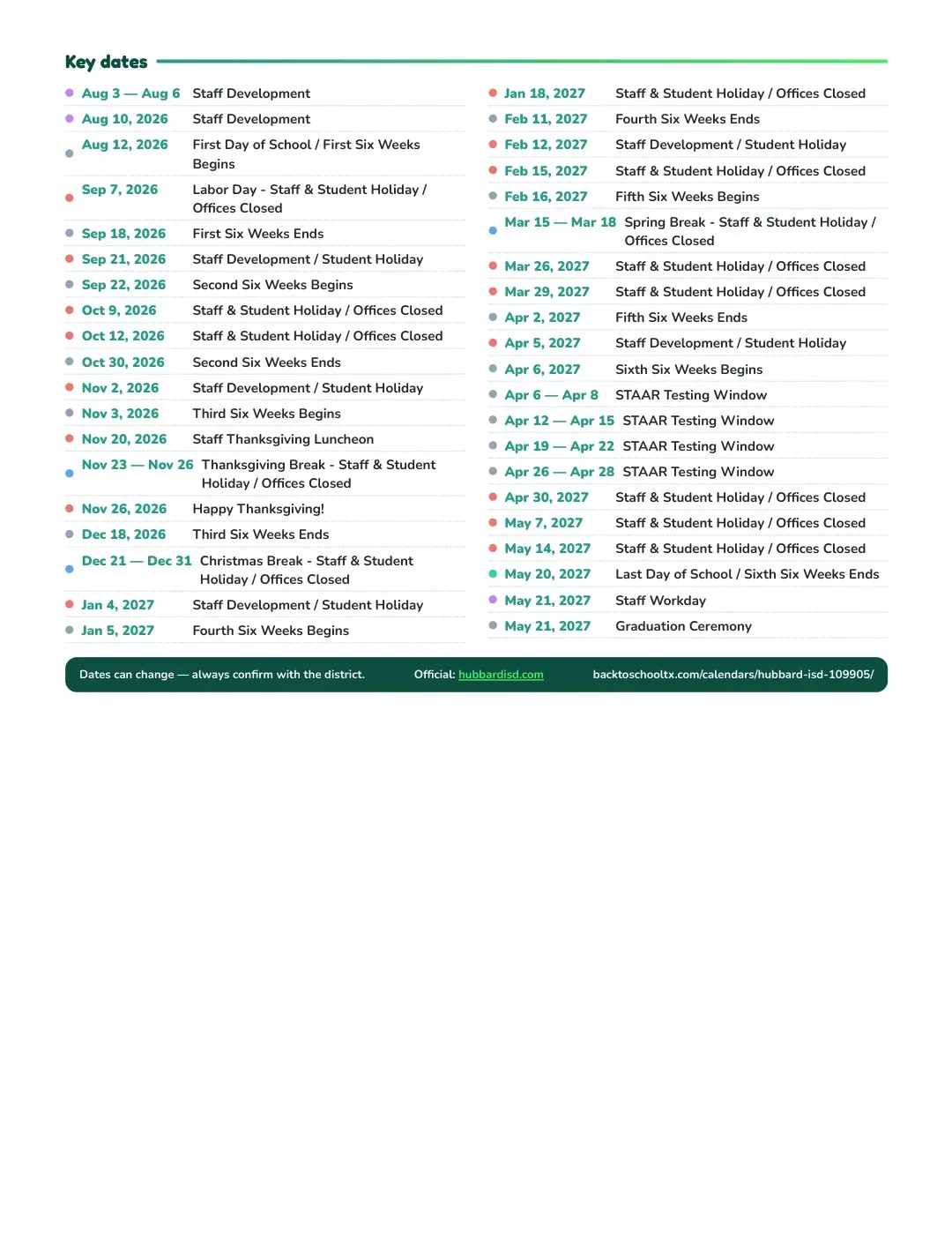 Hubbard ISD Calendar for the Year 26-27 — key dates