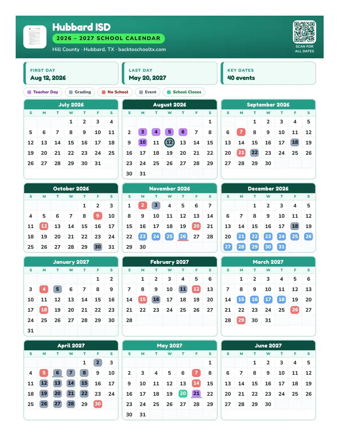 Hubbard ISD Calendar for the Year 26-27