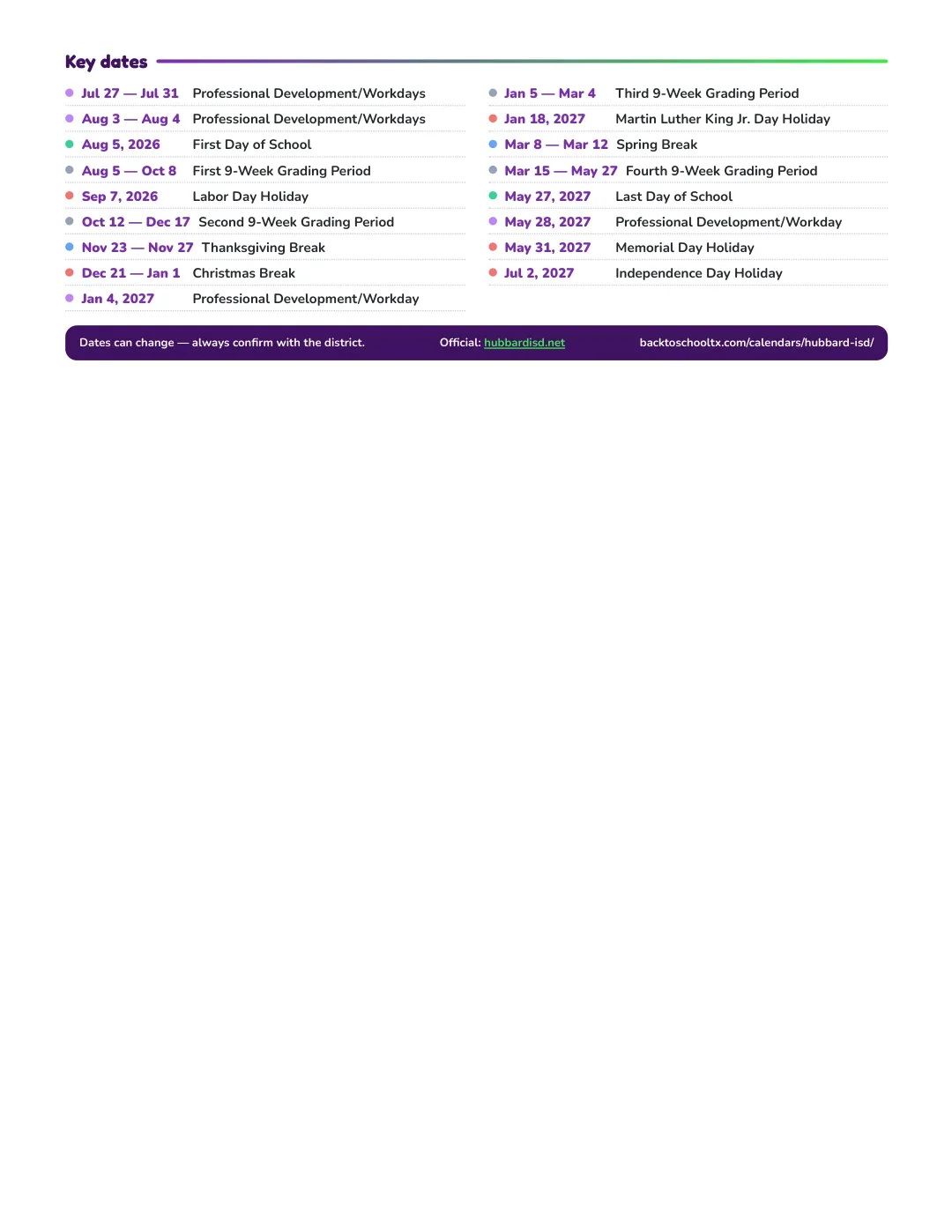 Hubbard ISD Calendar for the Year 26-27 — key dates