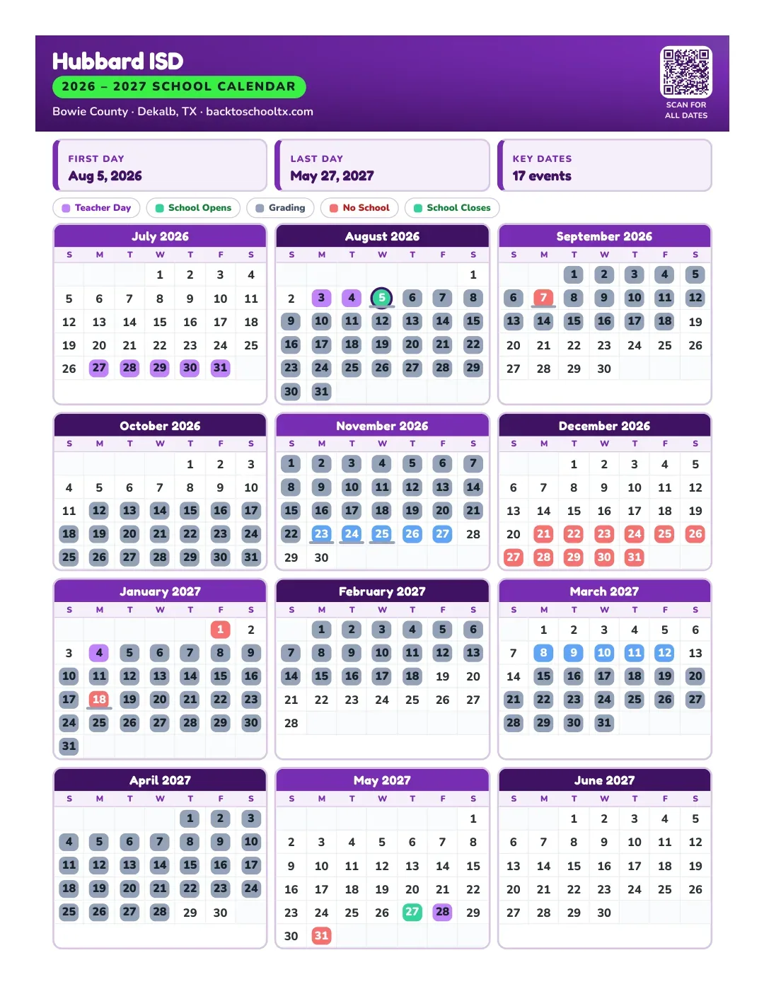 Hubbard ISD Calendar for the Year 26-27