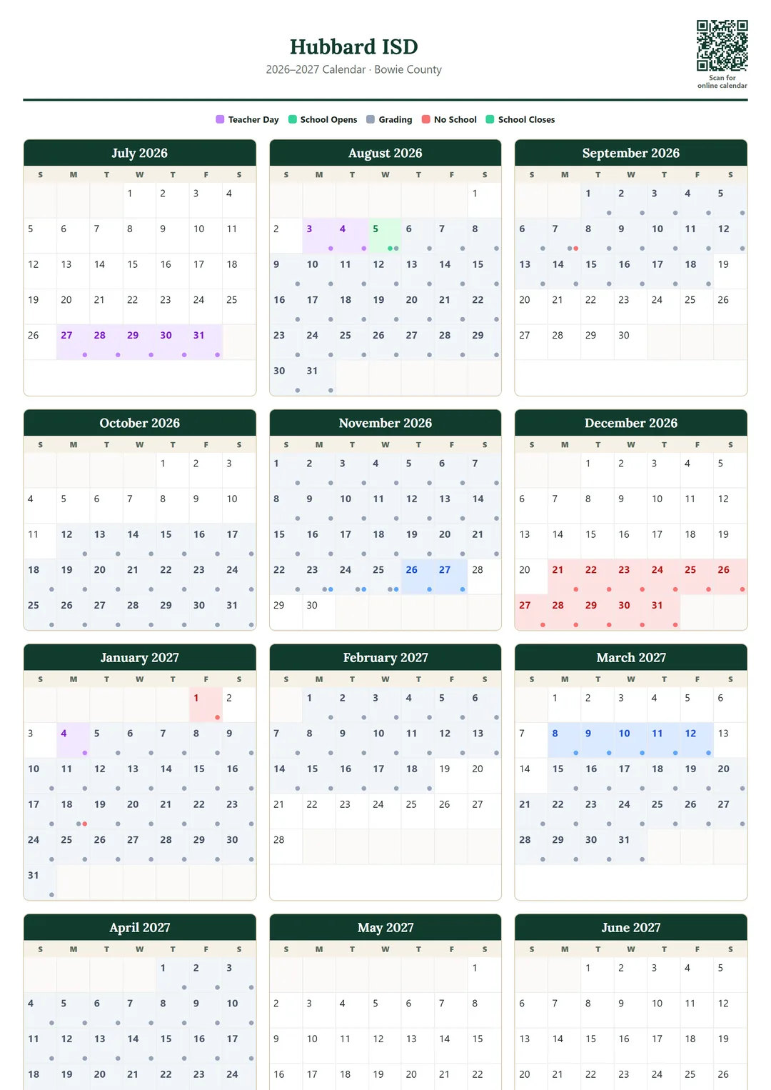 Hubbard ISD printable 2026–2027 calendar
