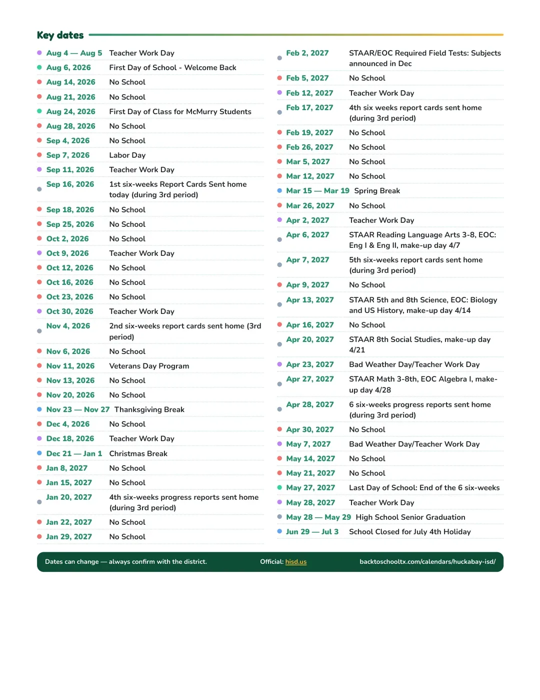 Huckabay ISD Calendar for the Year 26-27 — key dates