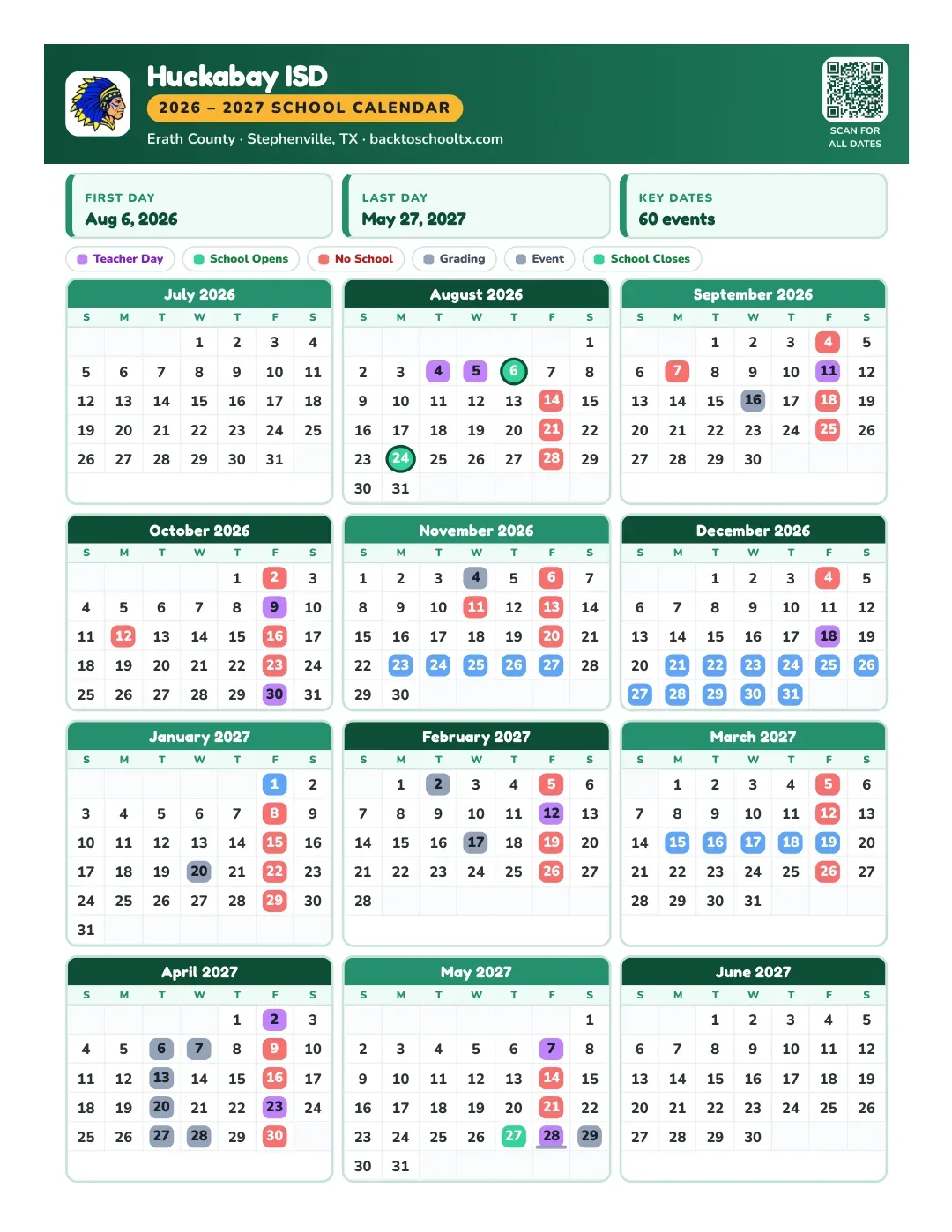 Huckabay ISD Calendar for the Year 26-27