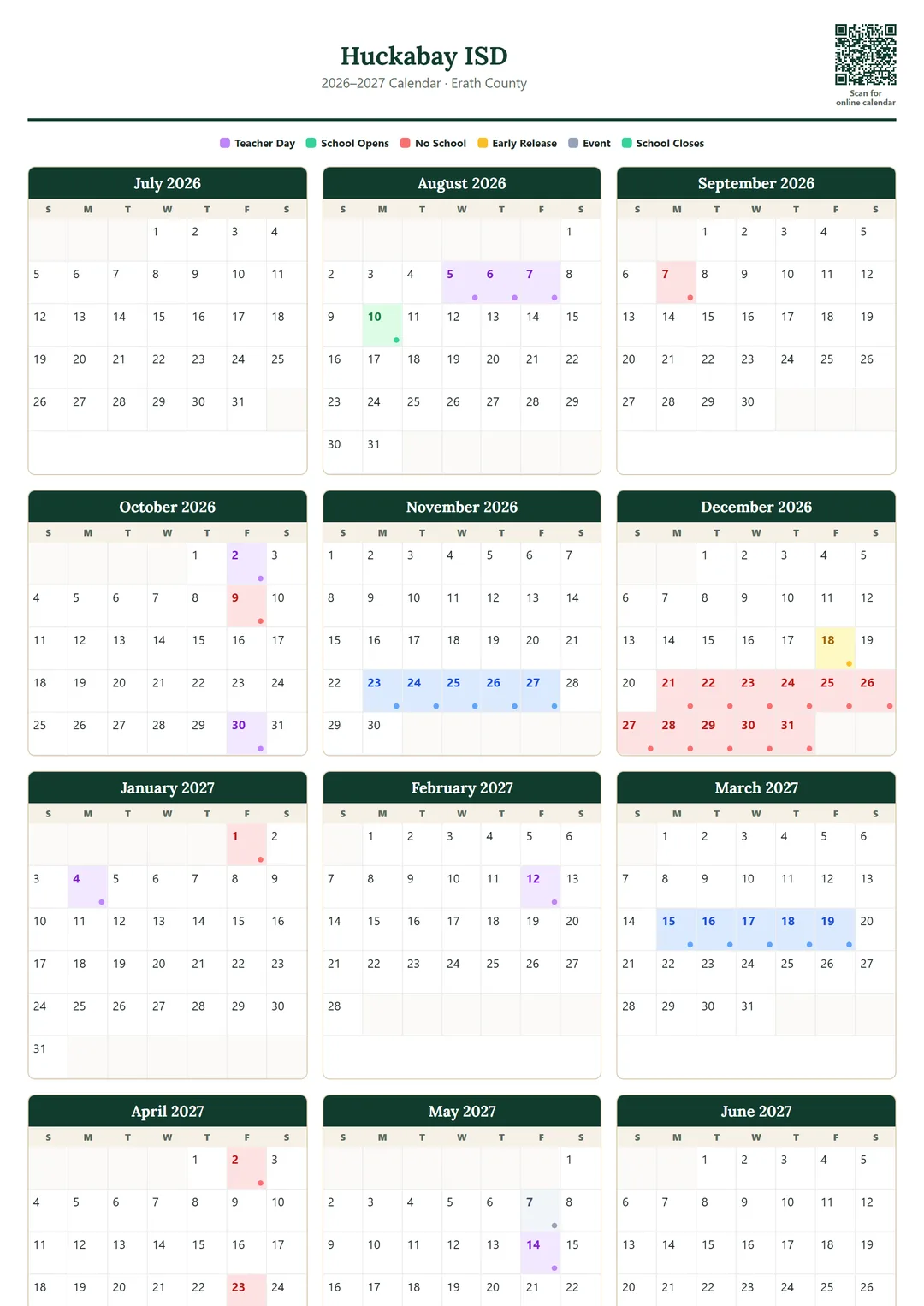 Huckabay ISD printable 2026–2027 calendar