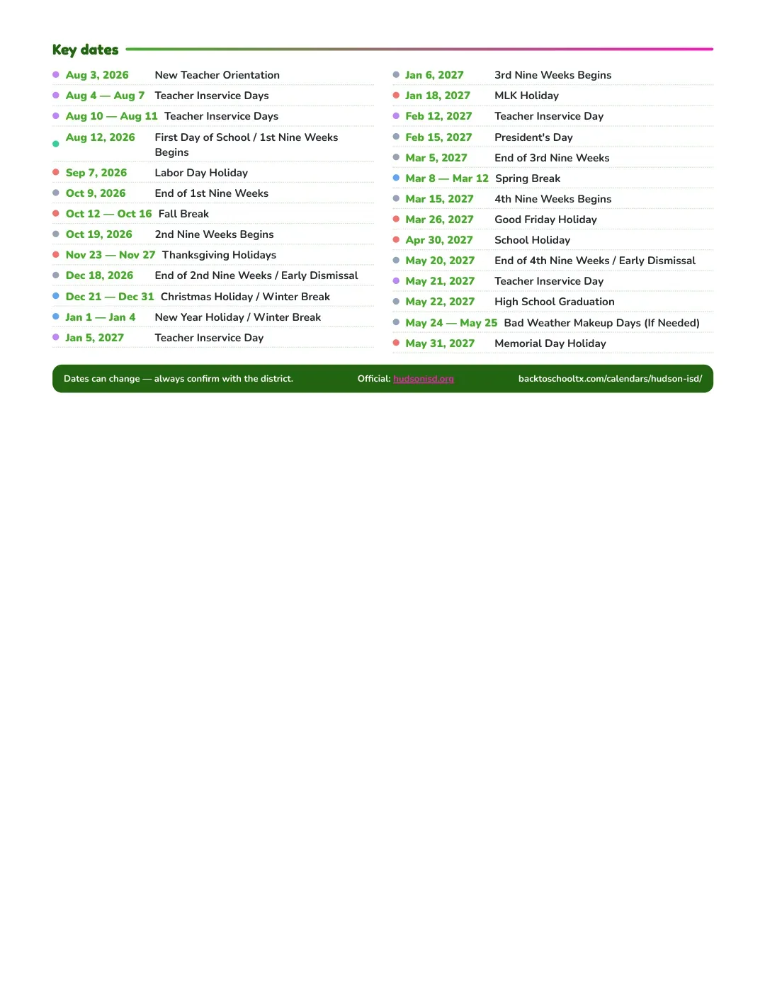 Hudson ISD Calendar for the Year 26-27 — key dates