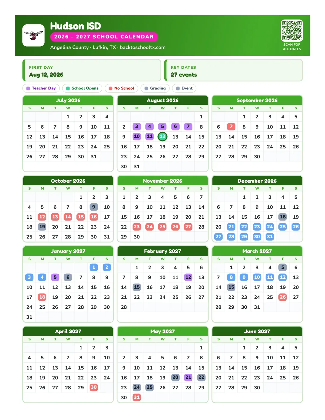 Hudson ISD Calendar for the Year 26-27