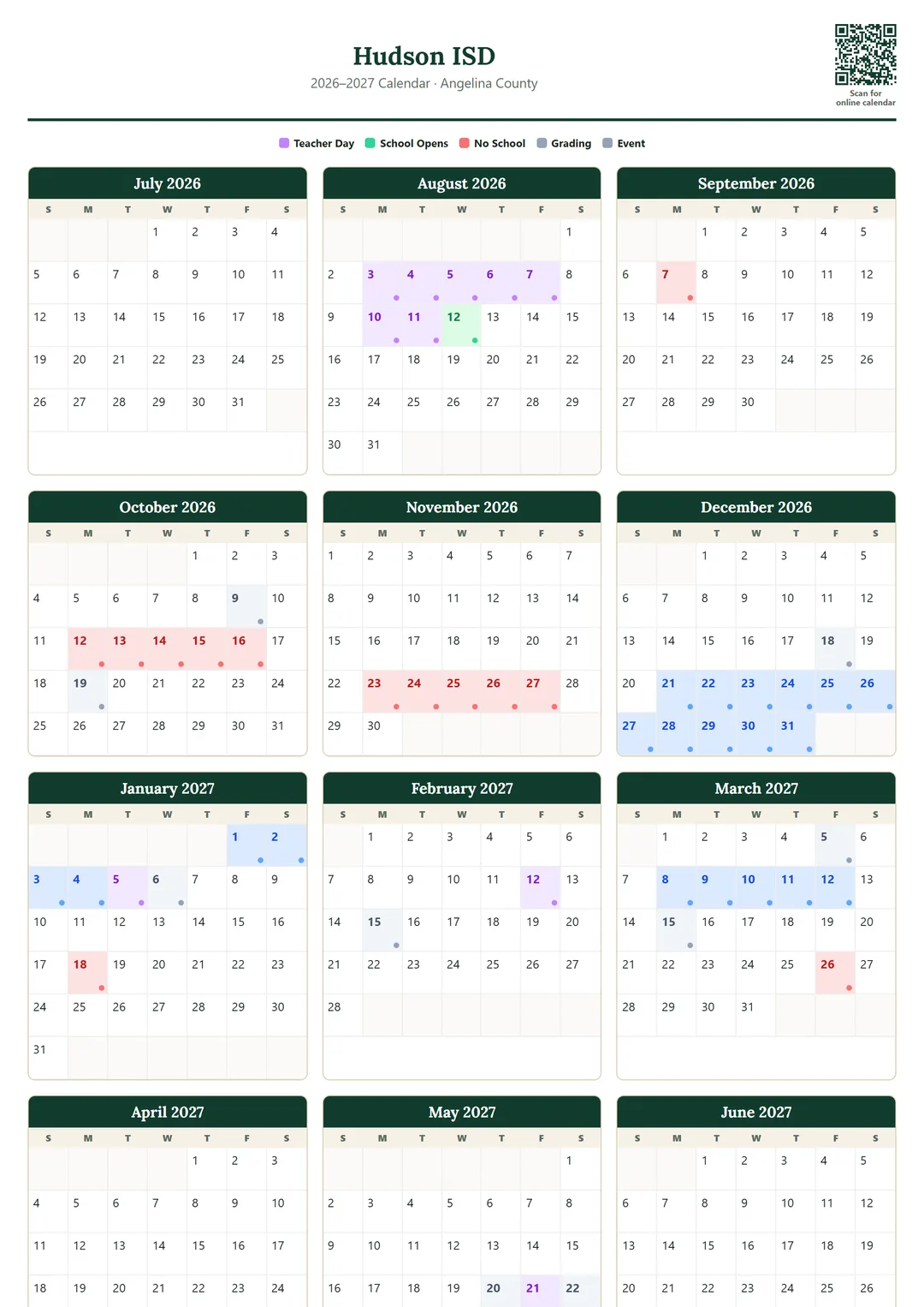 Hudson ISD printable 2026–2027 calendar