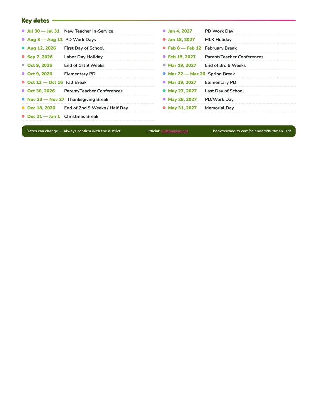 Huffman ISD Calendar for the Year 26-27 — key dates
