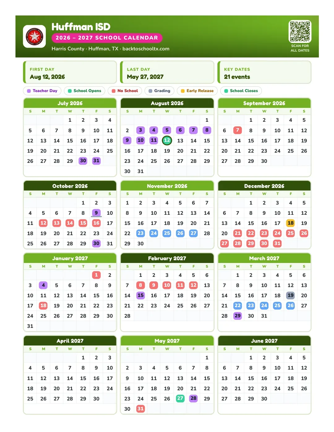Huffman ISD Calendar for the Year 26-27