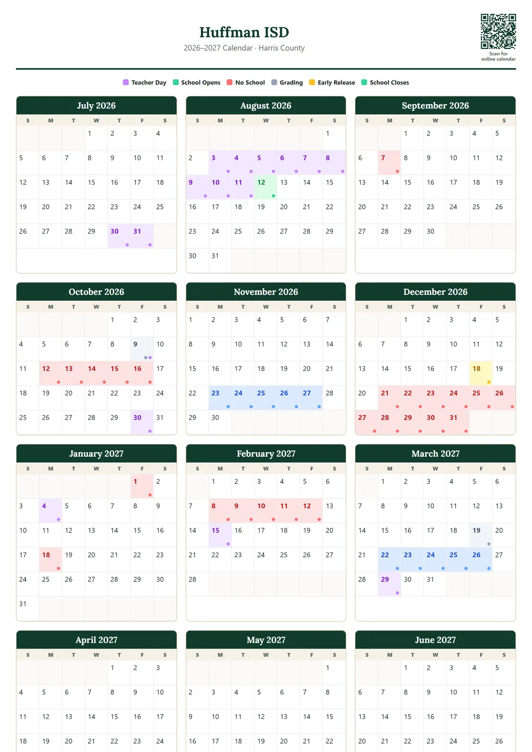 Huffman ISD printable 2026–2027 calendar