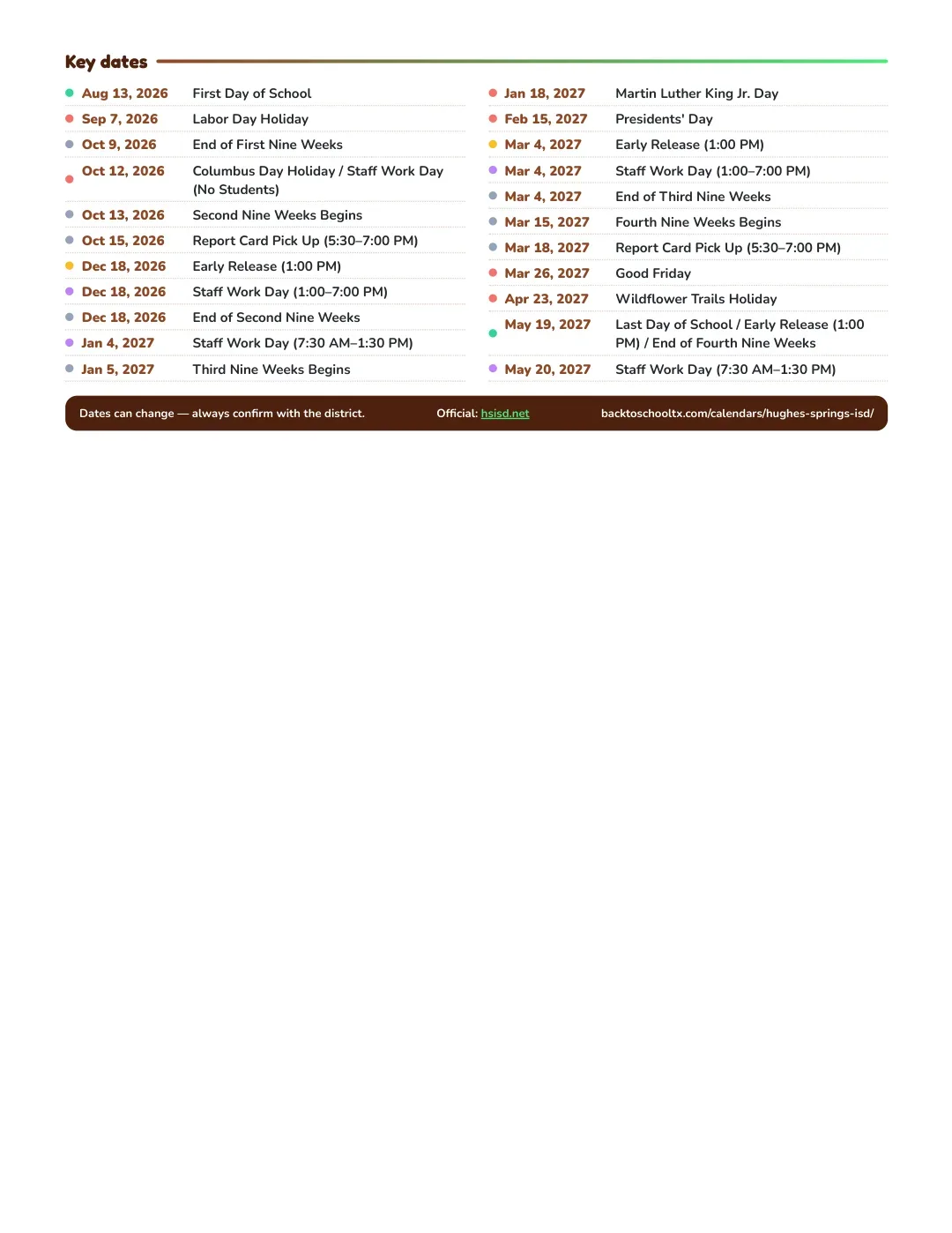 Hughes Springs ISD Calendar for the Year 26-27 — key dates