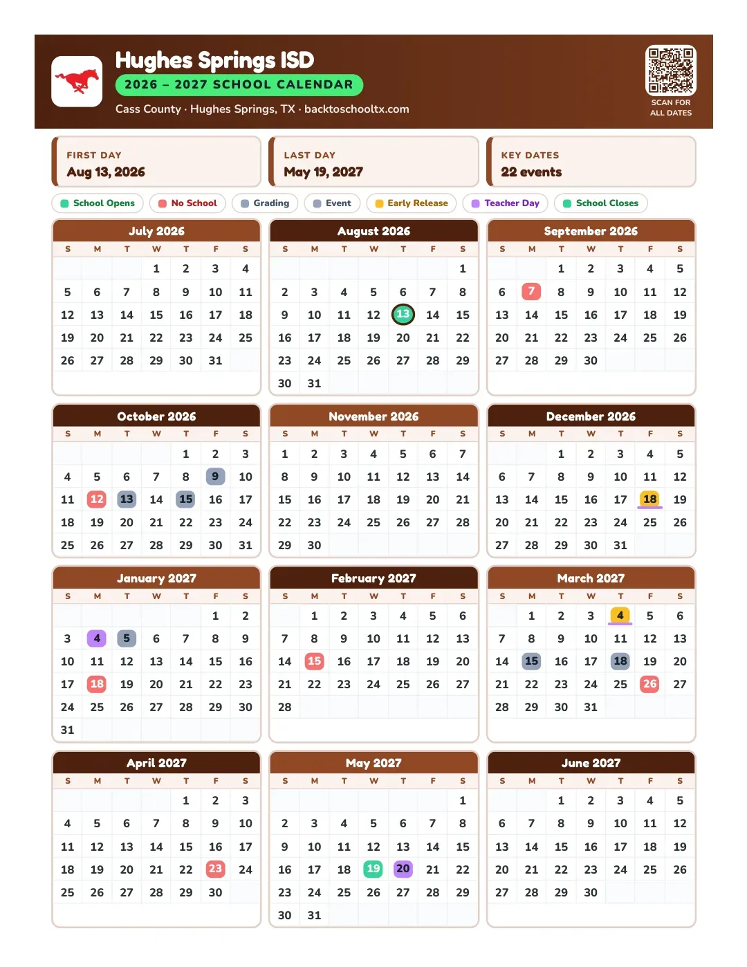 Hughes Springs ISD Calendar for the Year 26-27