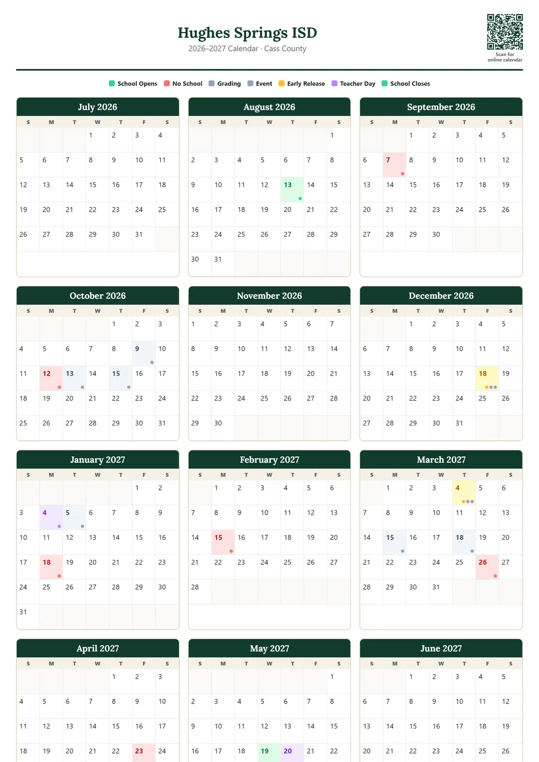 Hughes Springs ISD printable 2026–2027 calendar