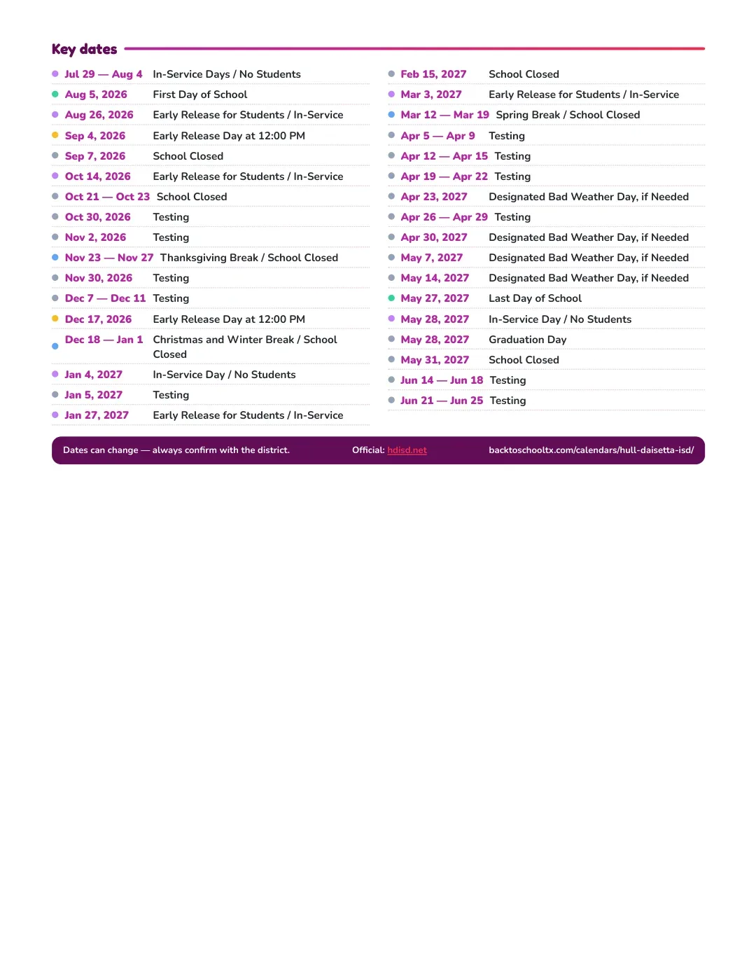 Hull-daisetta ISD Calendar for the Year 26-27 — key dates