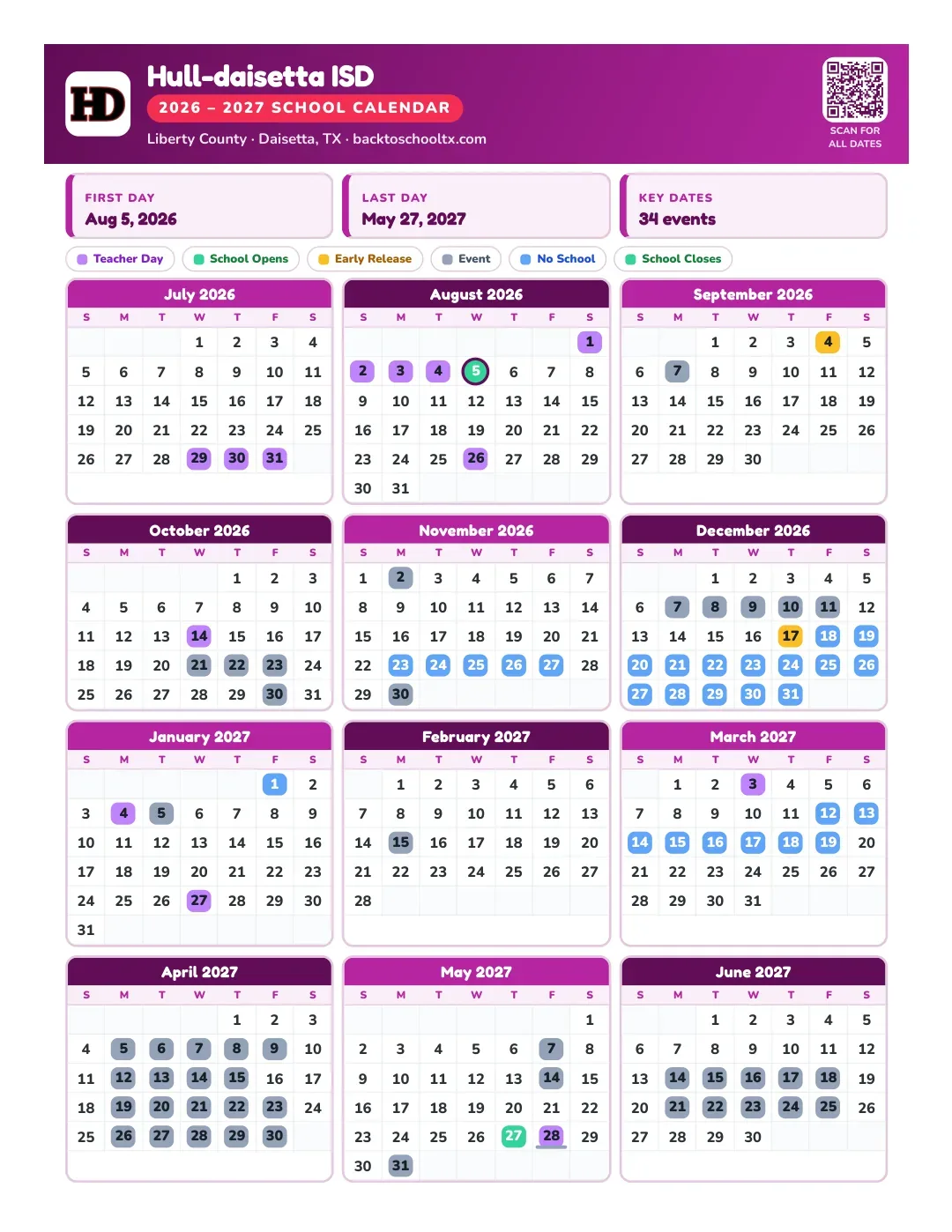 Hull-daisetta ISD Calendar for the Year 26-27