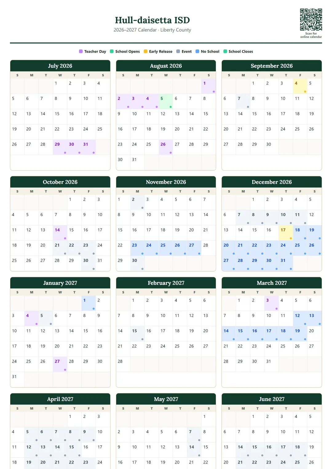 Hull-daisetta ISD printable 2026–2027 calendar