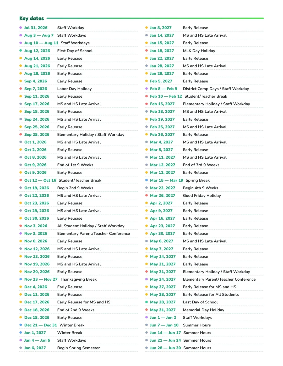 Humble ISD Calendar for the Year 26-27 — key dates