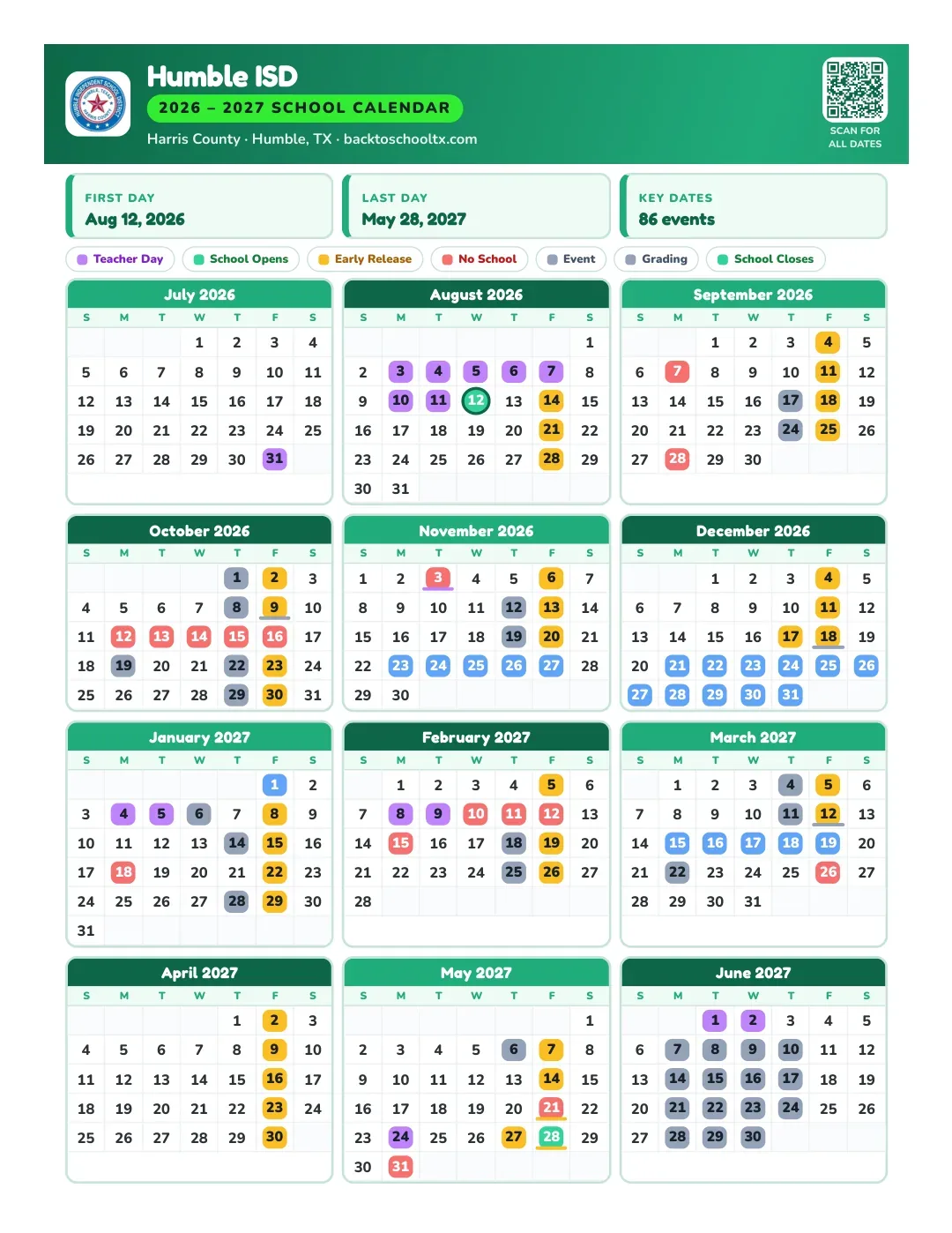 Humble ISD Calendar for the Year 26-27