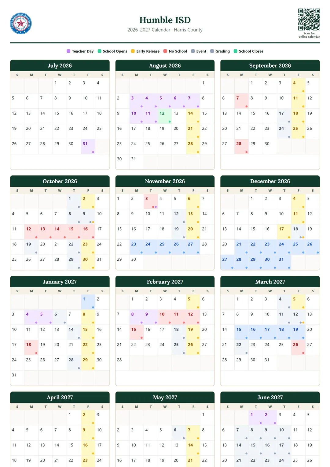 Humble ISD printable 2026–2027 calendar