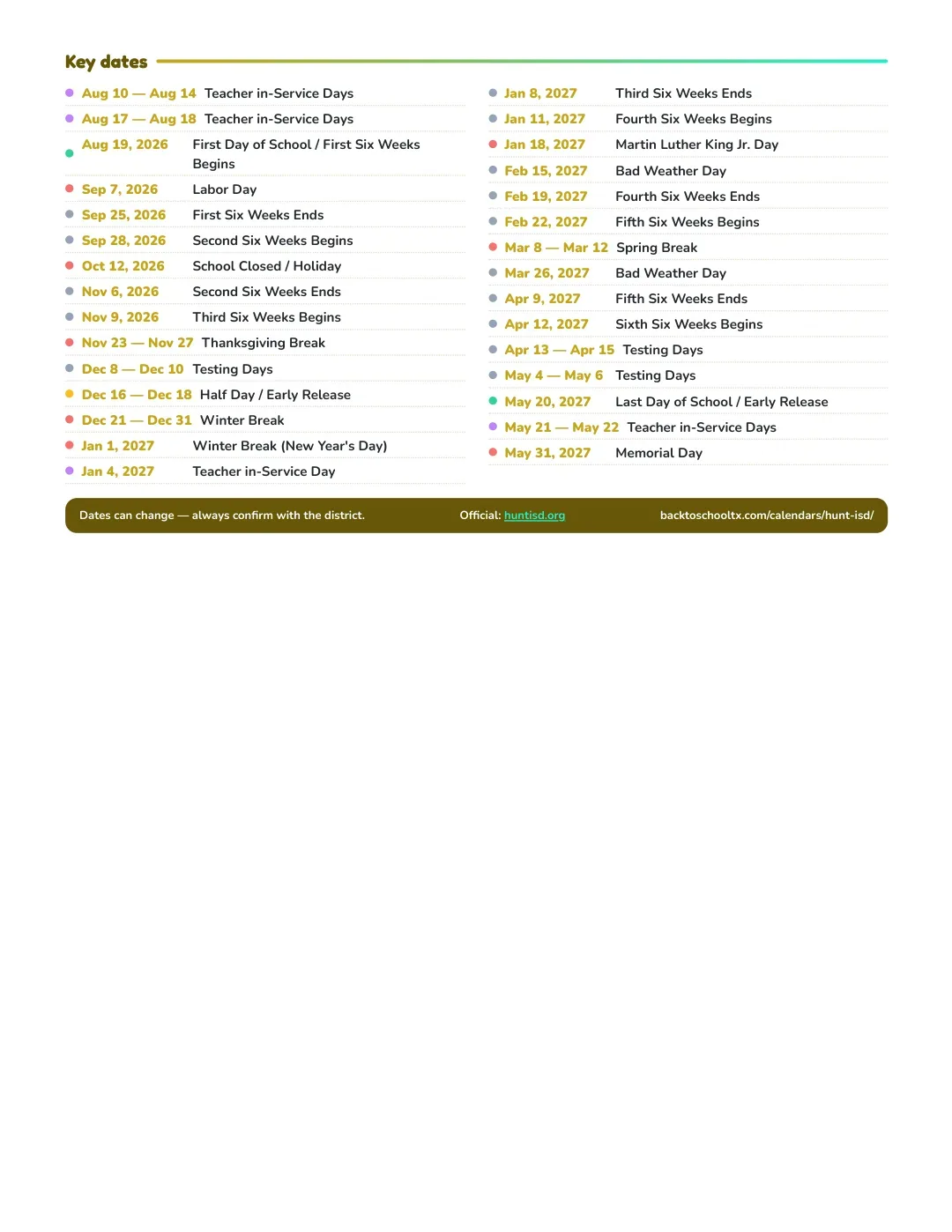 Hunt ISD Calendar for the Year 26-27 — key dates