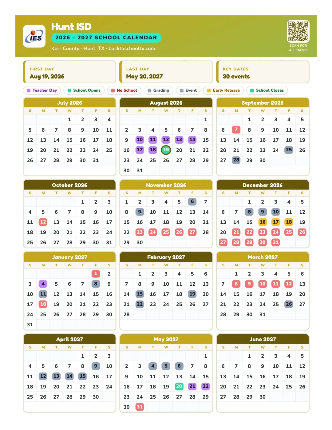 Hunt ISD Calendar for the Year 26-27