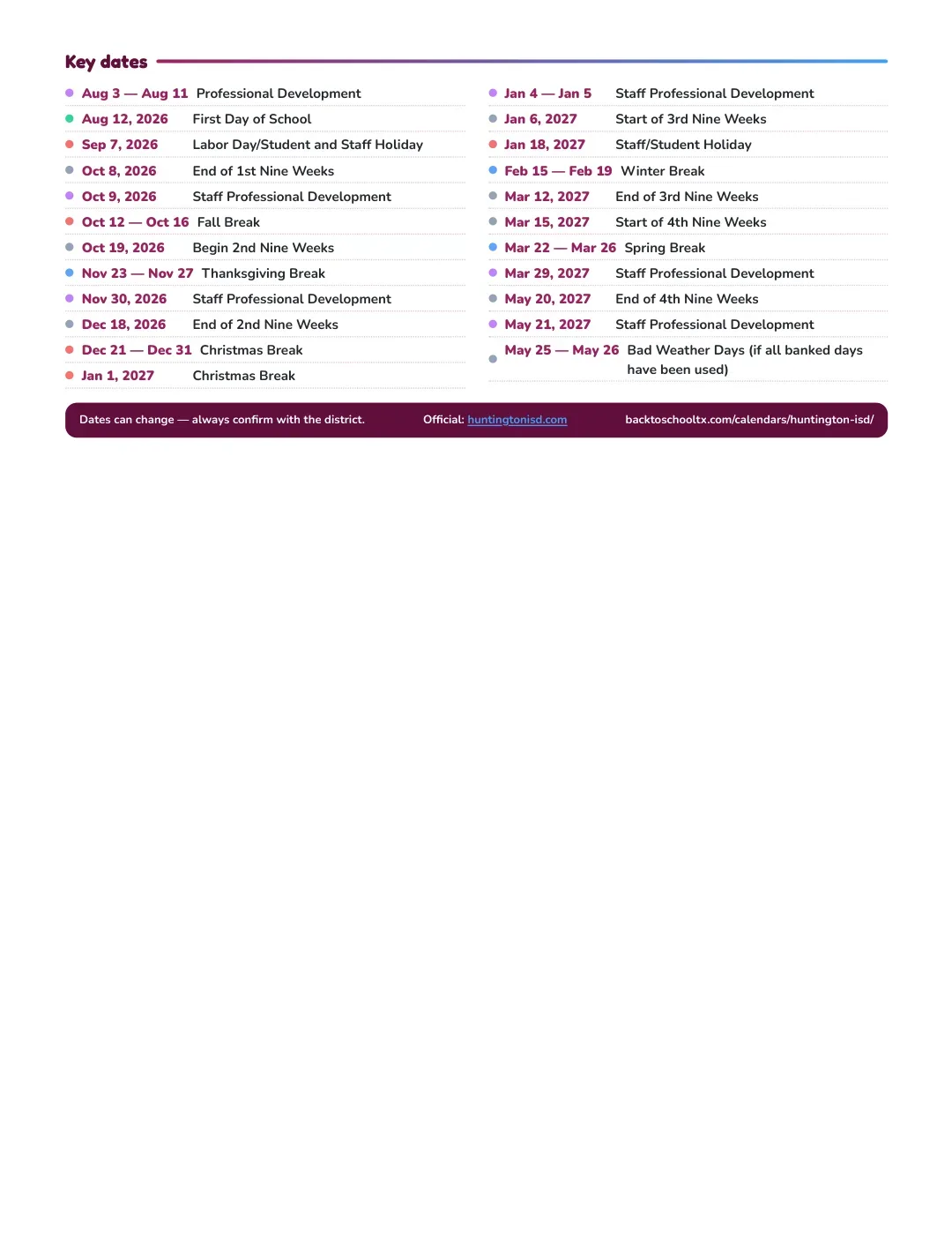 Huntington ISD Calendar for the Year 26-27 — key dates