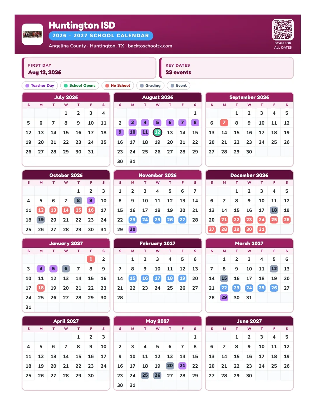 Huntington ISD Calendar for the Year 26-27