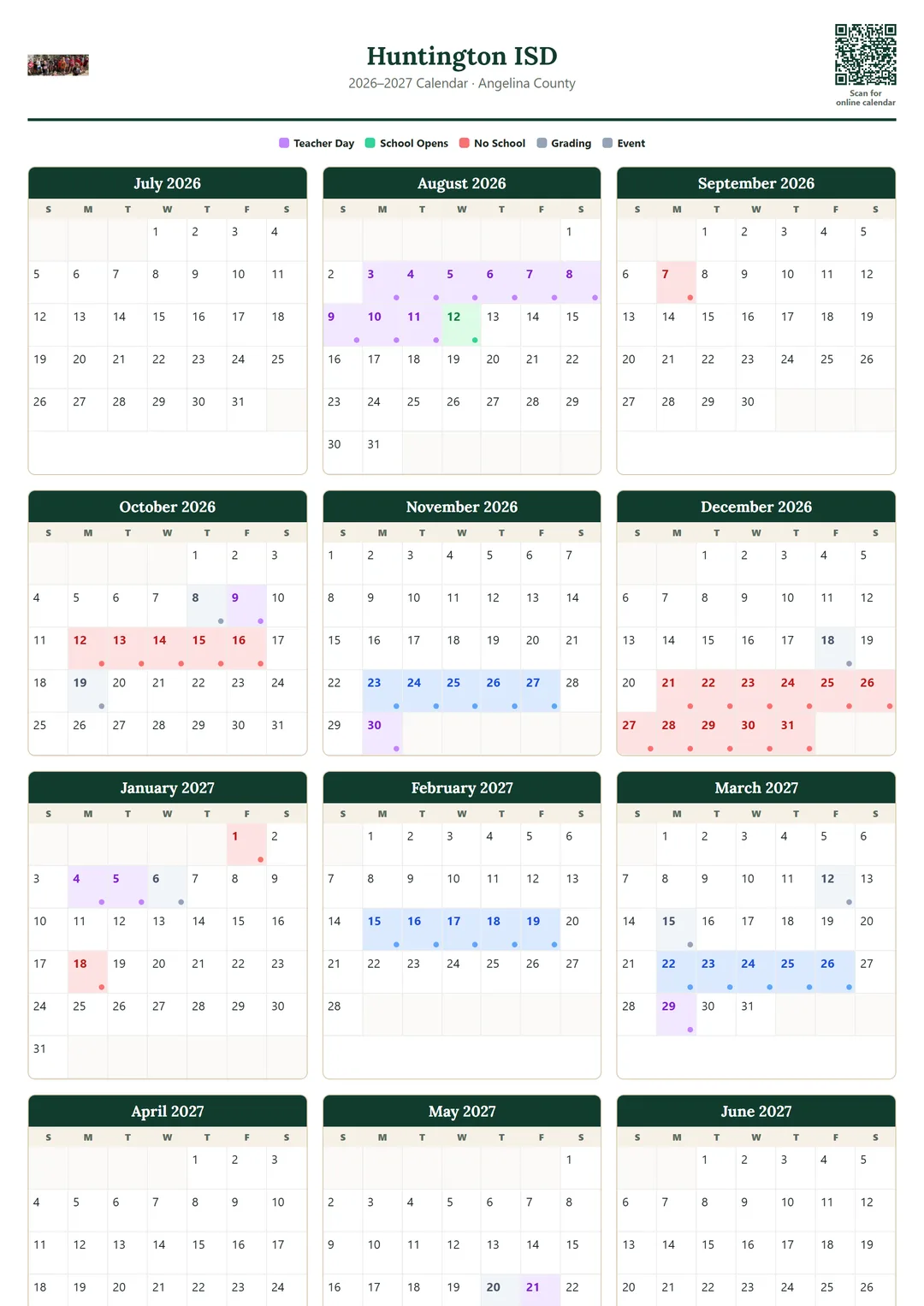 Huntington ISD printable 2026–2027 calendar