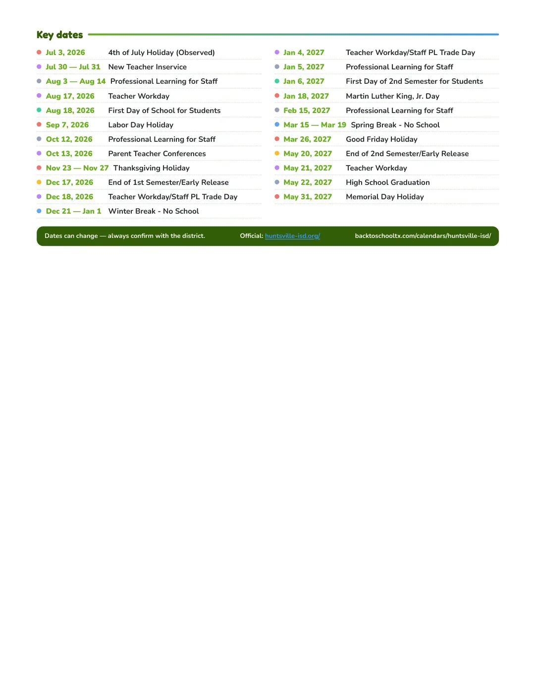 Huntsville ISD Calendar for the Year 26-27 — key dates