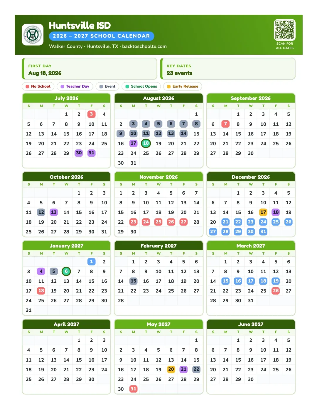 Huntsville ISD Calendar for the Year 26-27