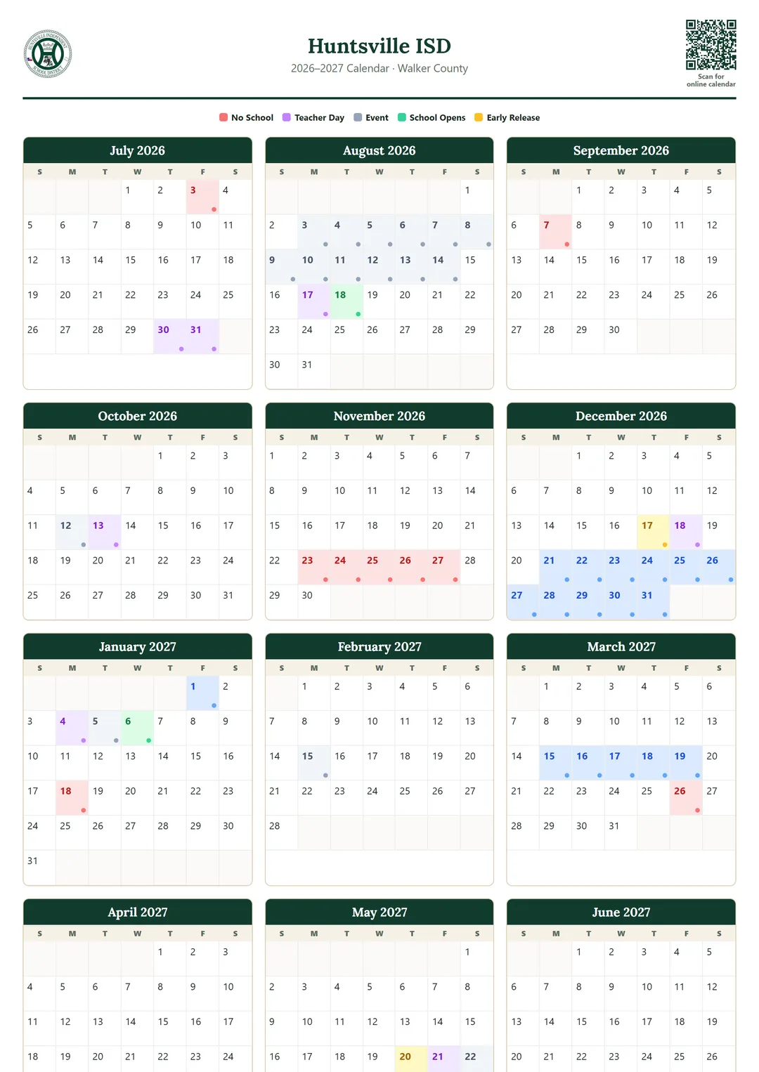 Huntsville ISD printable 2026–2027 calendar
