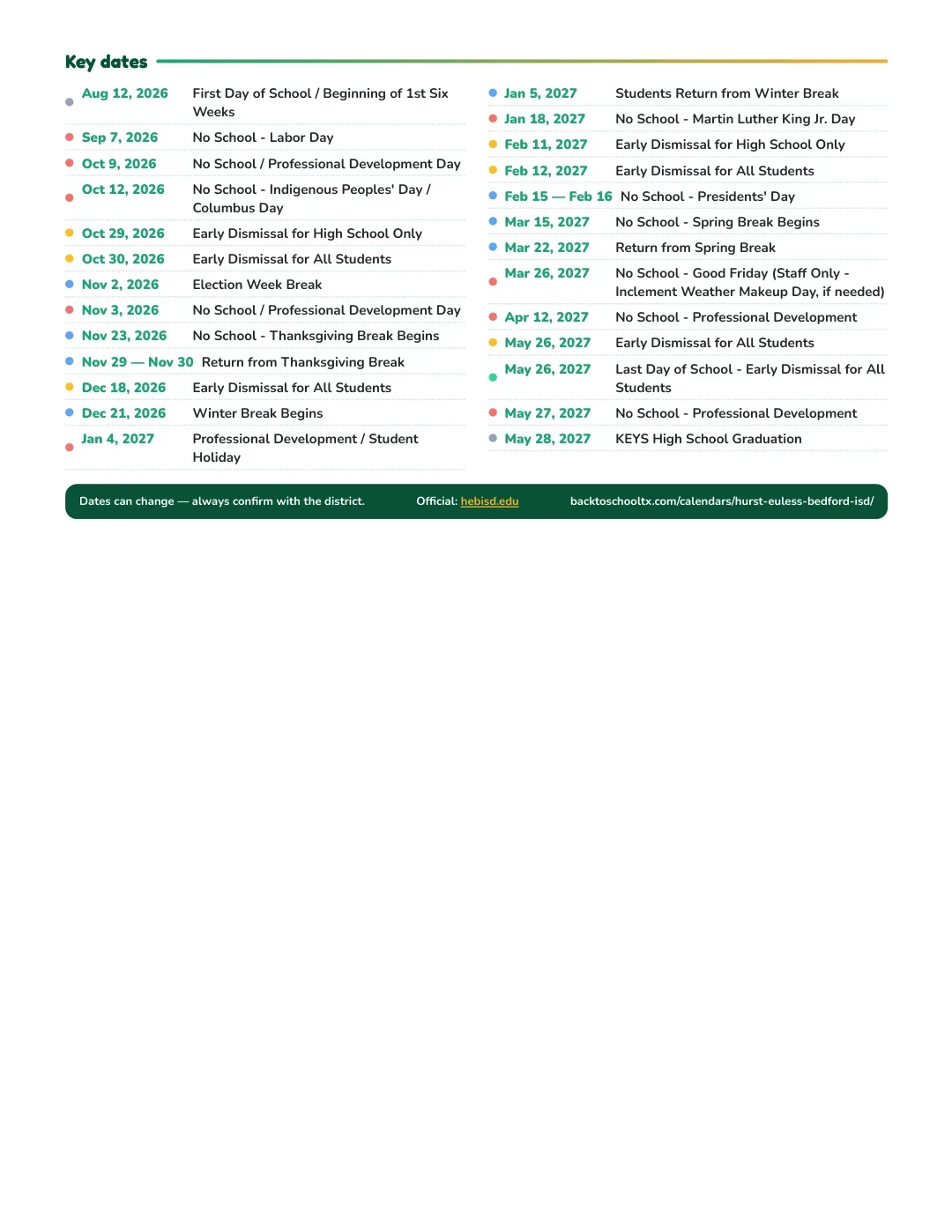 Hurst-euless-bedford ISD Calendar for the Year 26-27 — key dates