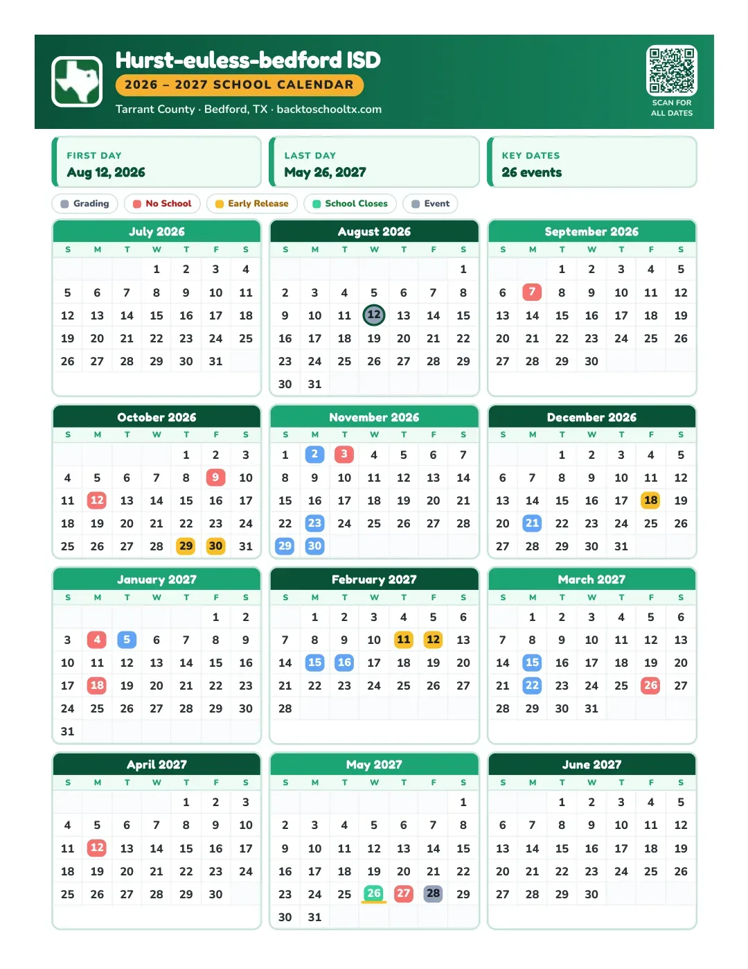 Hurst-euless-bedford ISD Calendar for the Year 26-27
