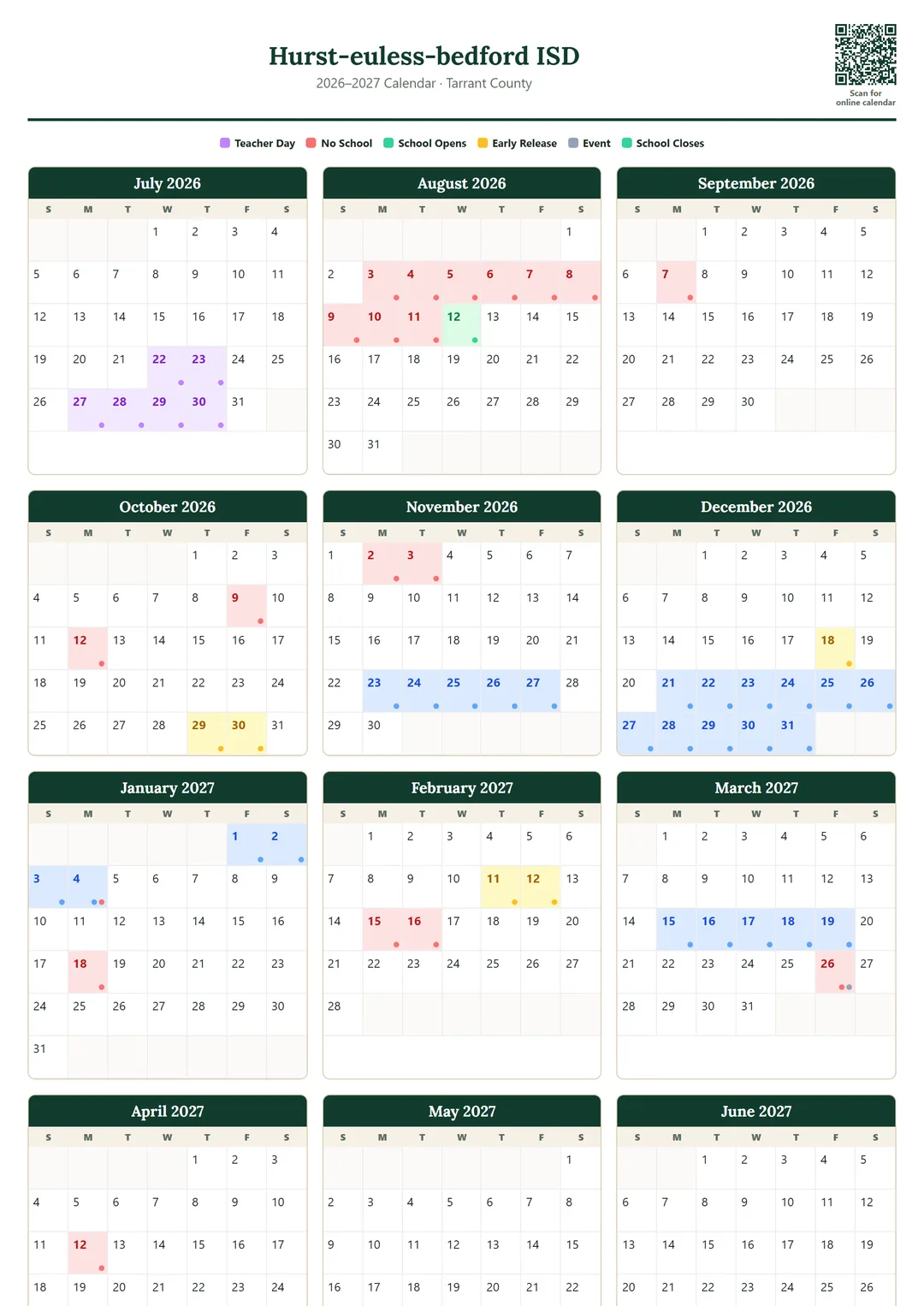 Hurst-euless-bedford ISD printable 2026–2027 calendar