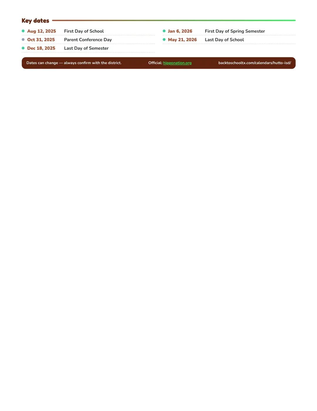 Hutto ISD Calendar for the Year 26-27 — key dates