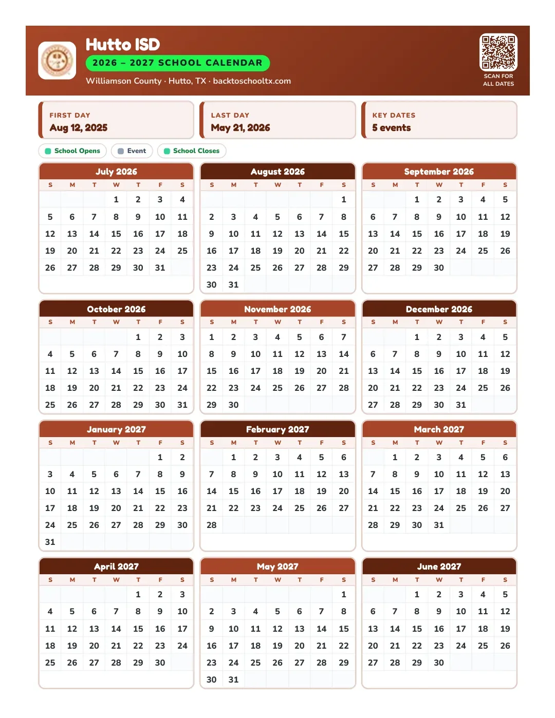 Hutto ISD Calendar for the Year 26-27
