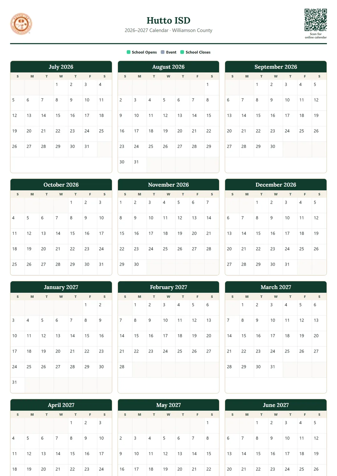Hutto ISD printable 2026–2027 calendar