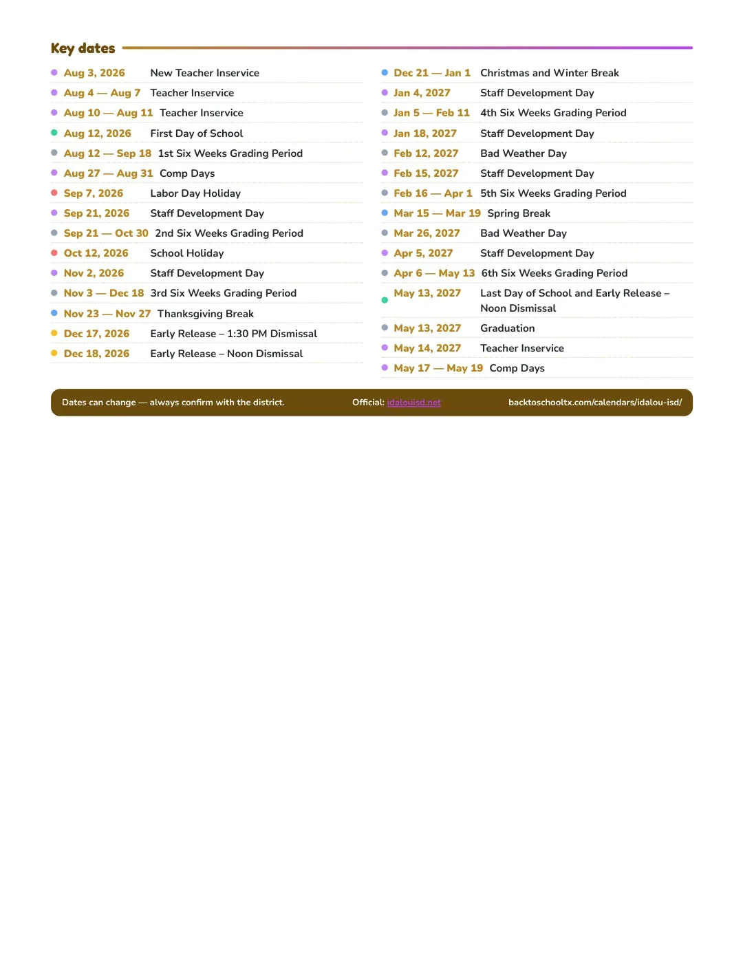 Idalou ISD Calendar for the Year 26-27 — key dates