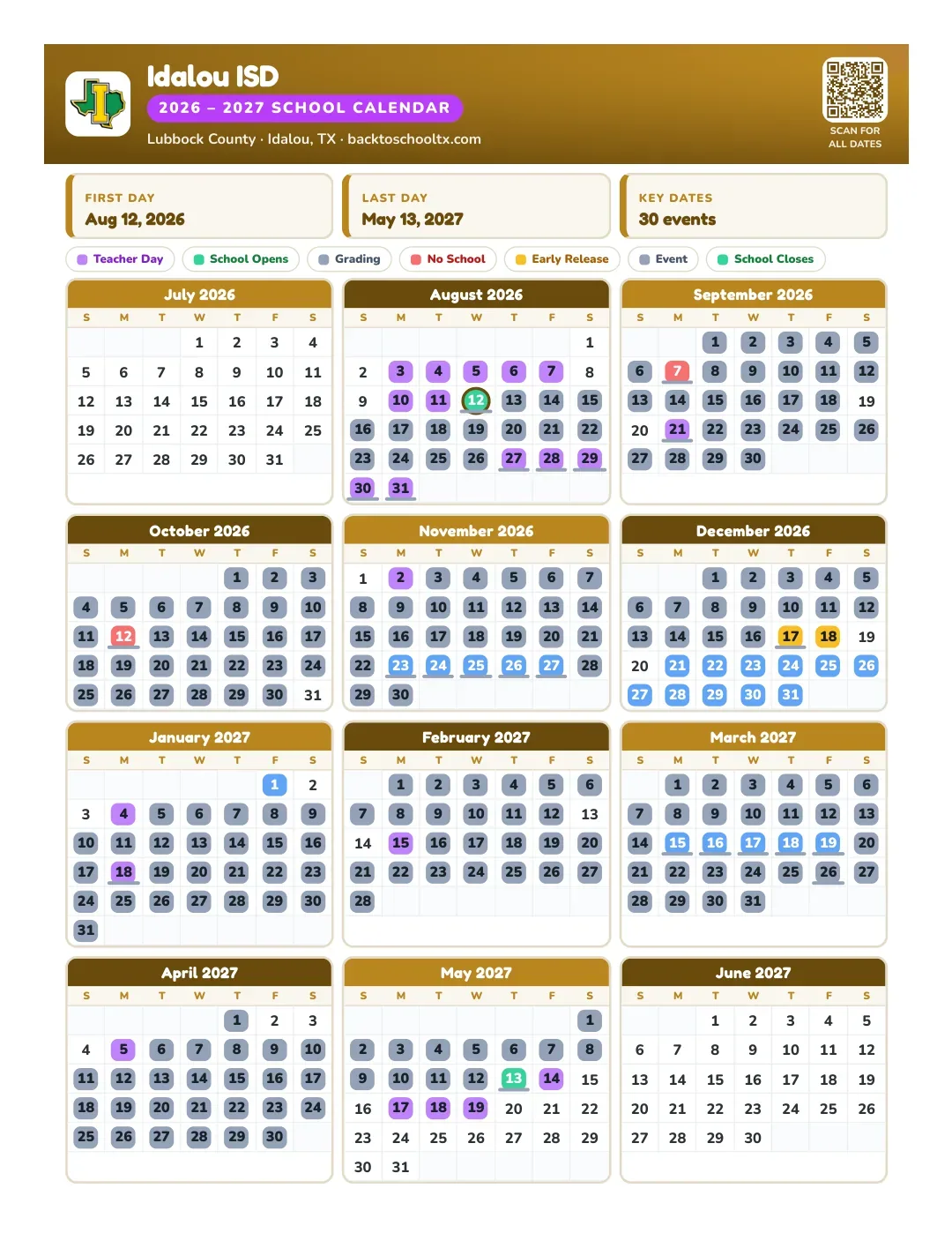 Idalou ISD Calendar for the Year 26-27