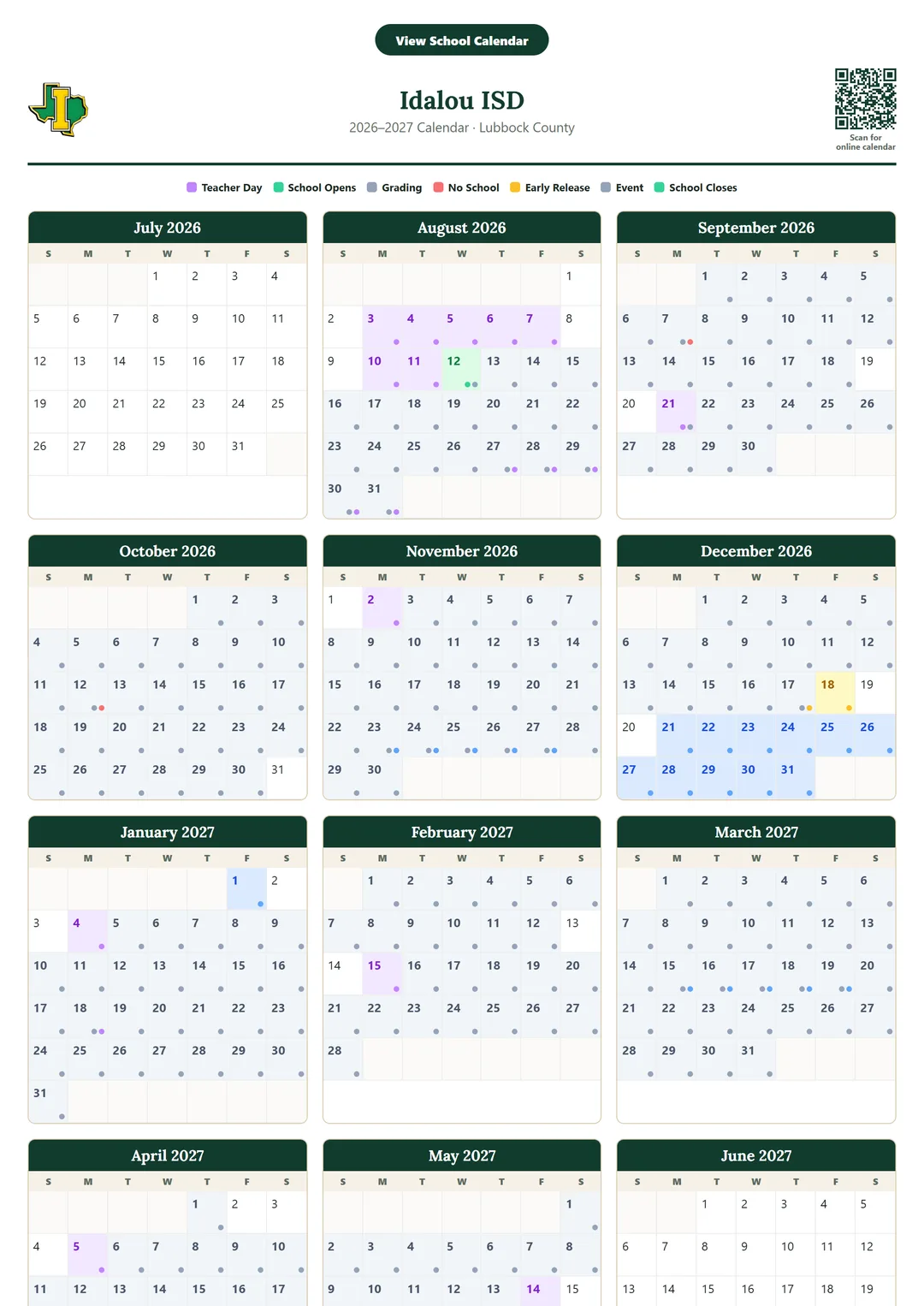Idalou ISD printable 2026–2027 calendar