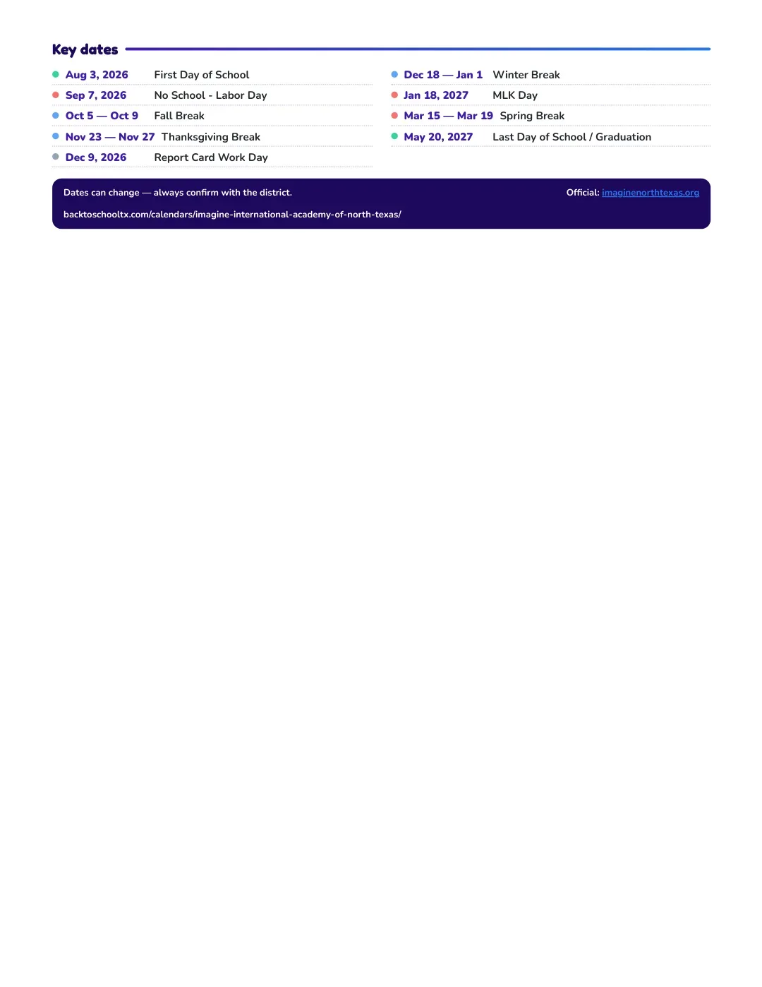 Imagine International Academy Of North Texas Calendar for the Year 26-27 — key dates