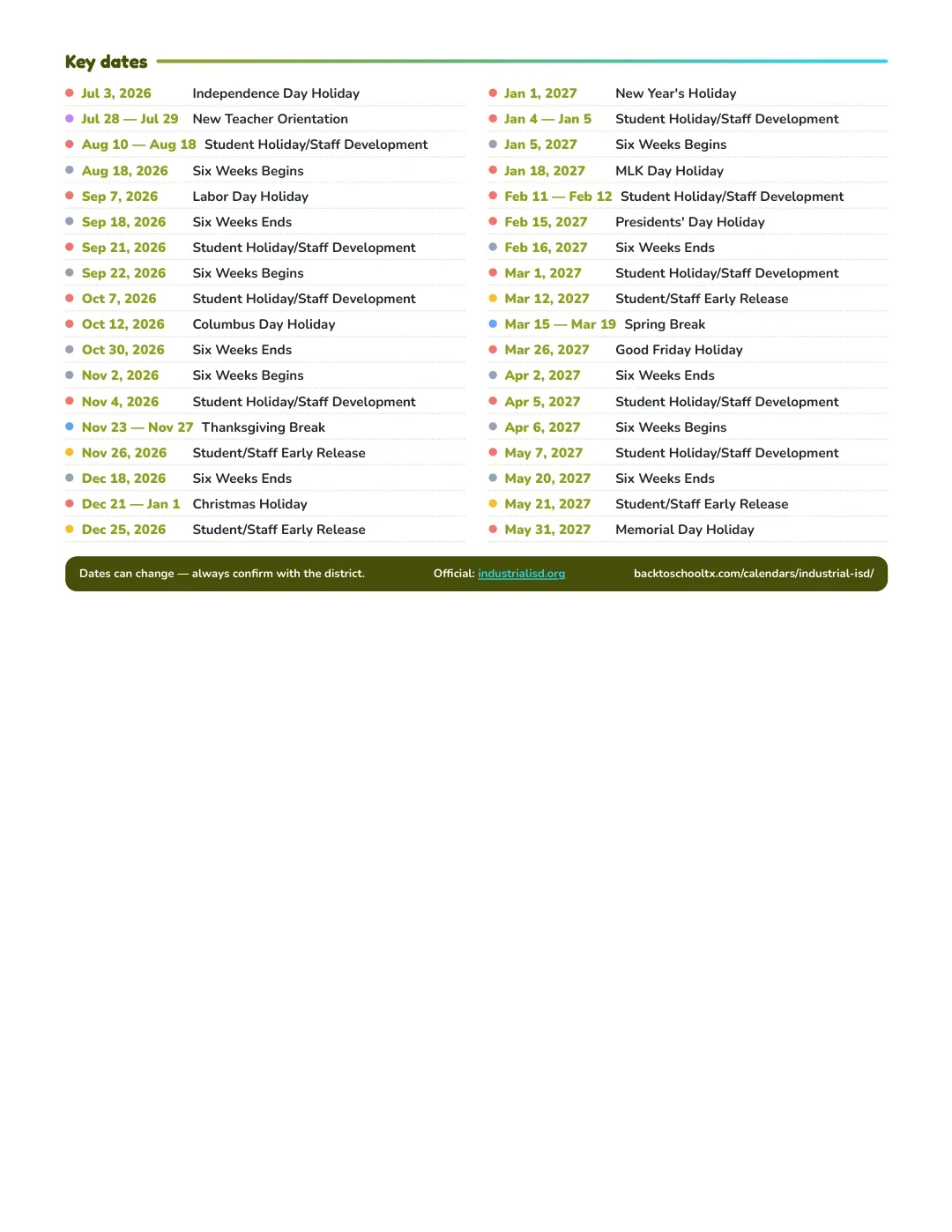 Industrial ISD Calendar for the Year 26-27 — key dates