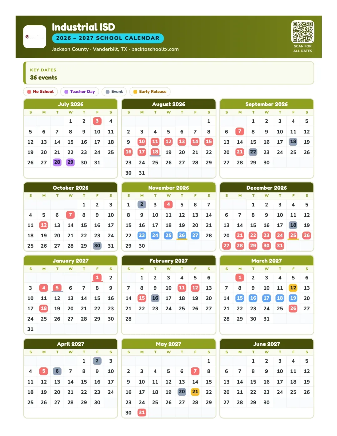 Industrial ISD Calendar for the Year 26-27