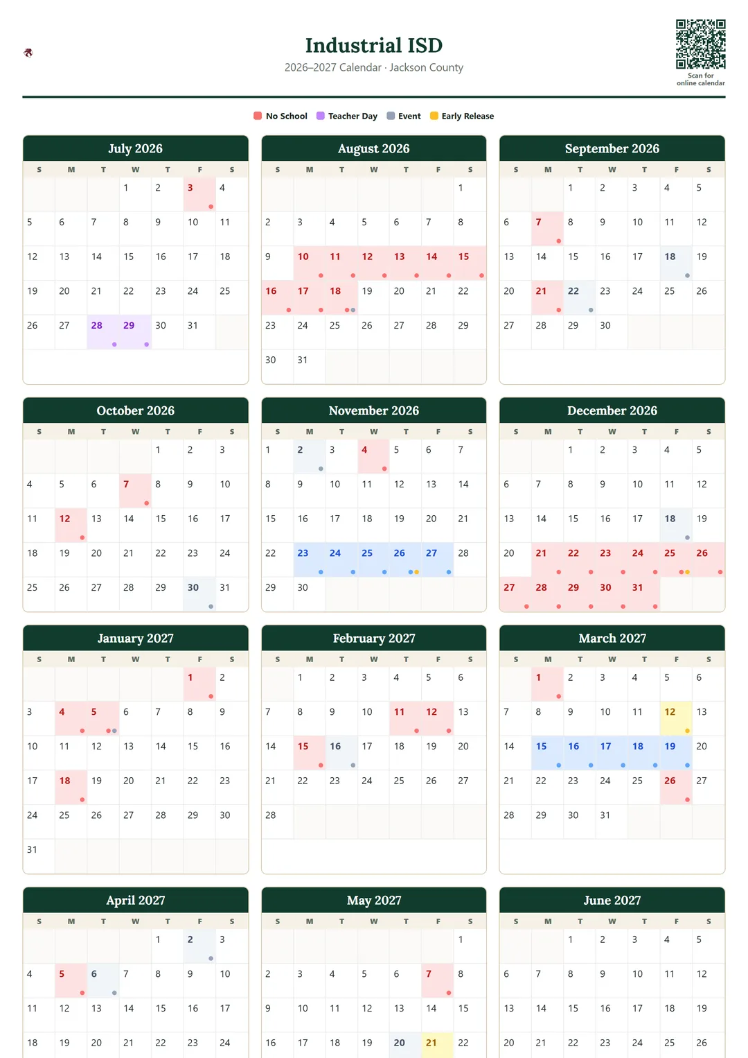 Industrial ISD printable 2026–2027 calendar