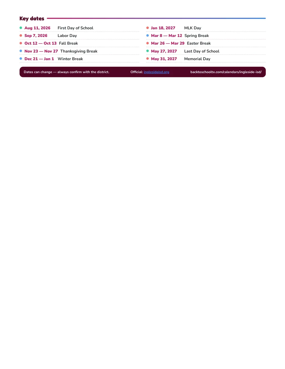 Ingleside ISD Calendar for the Year 26-27 — key dates