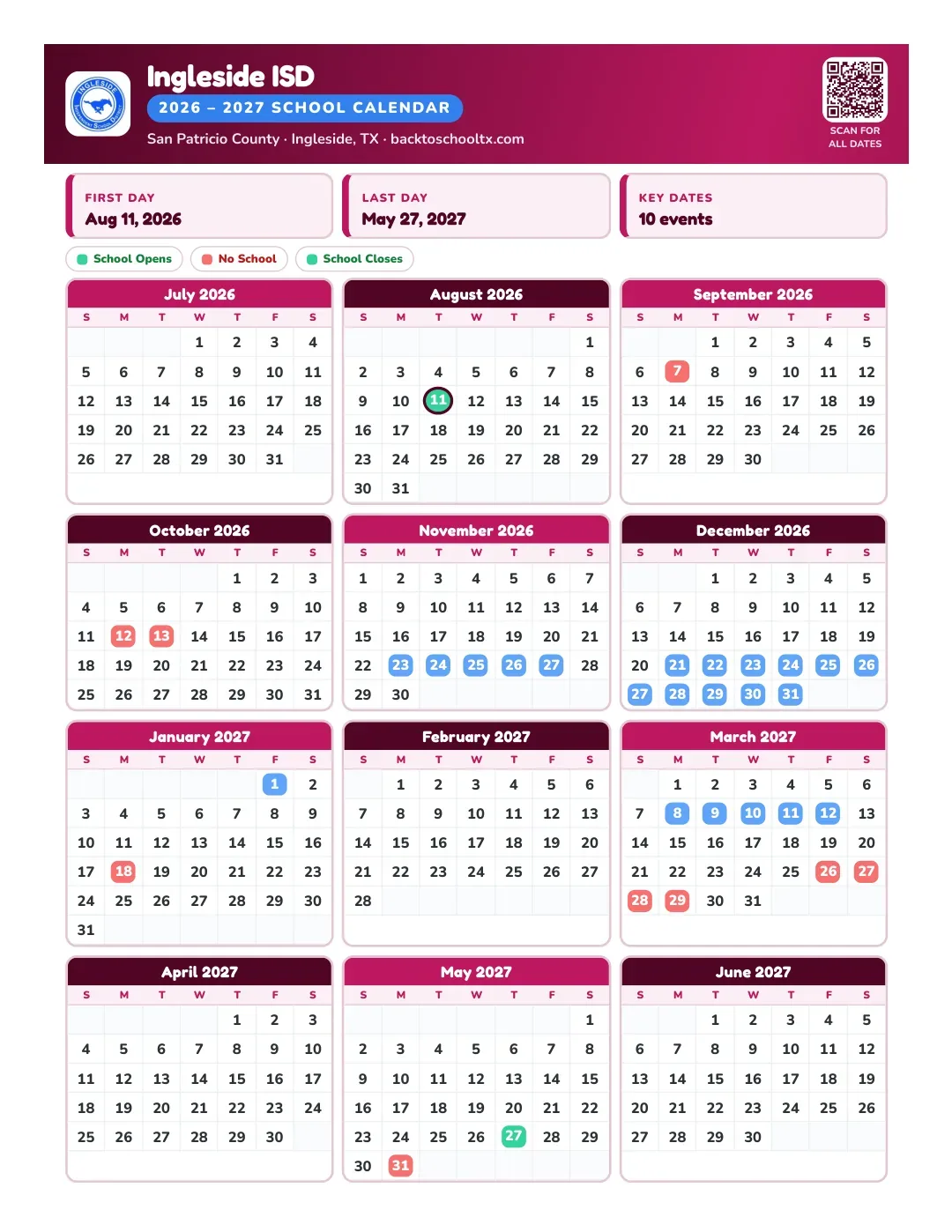 Ingleside ISD Calendar for the Year 26-27