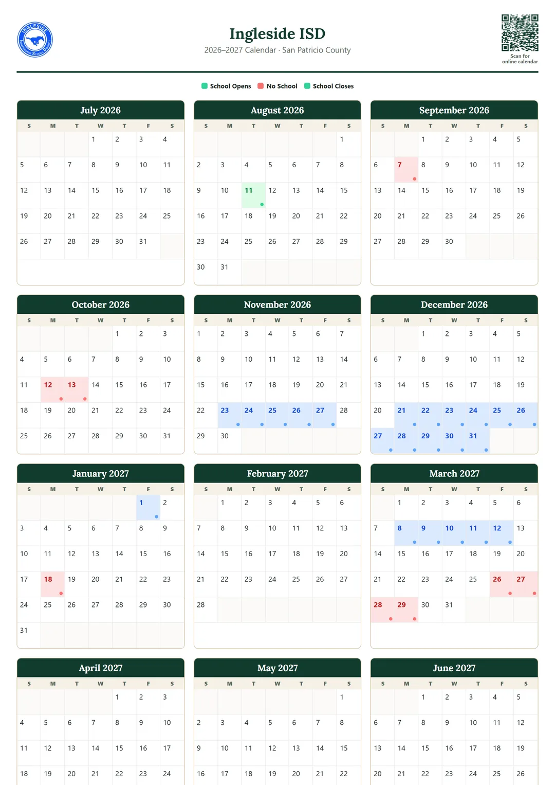 Ingleside ISD printable 2026–2027 calendar